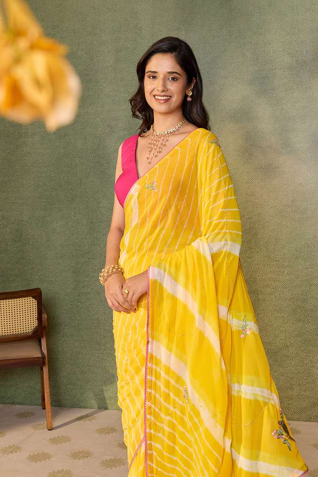 Yellow Viscose Georgette Embroidered Saree thumbnail image number null