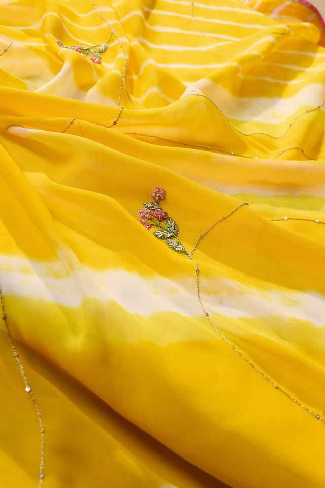 Yellow Viscose Georgette Embroidered Saree thumbnail image number null