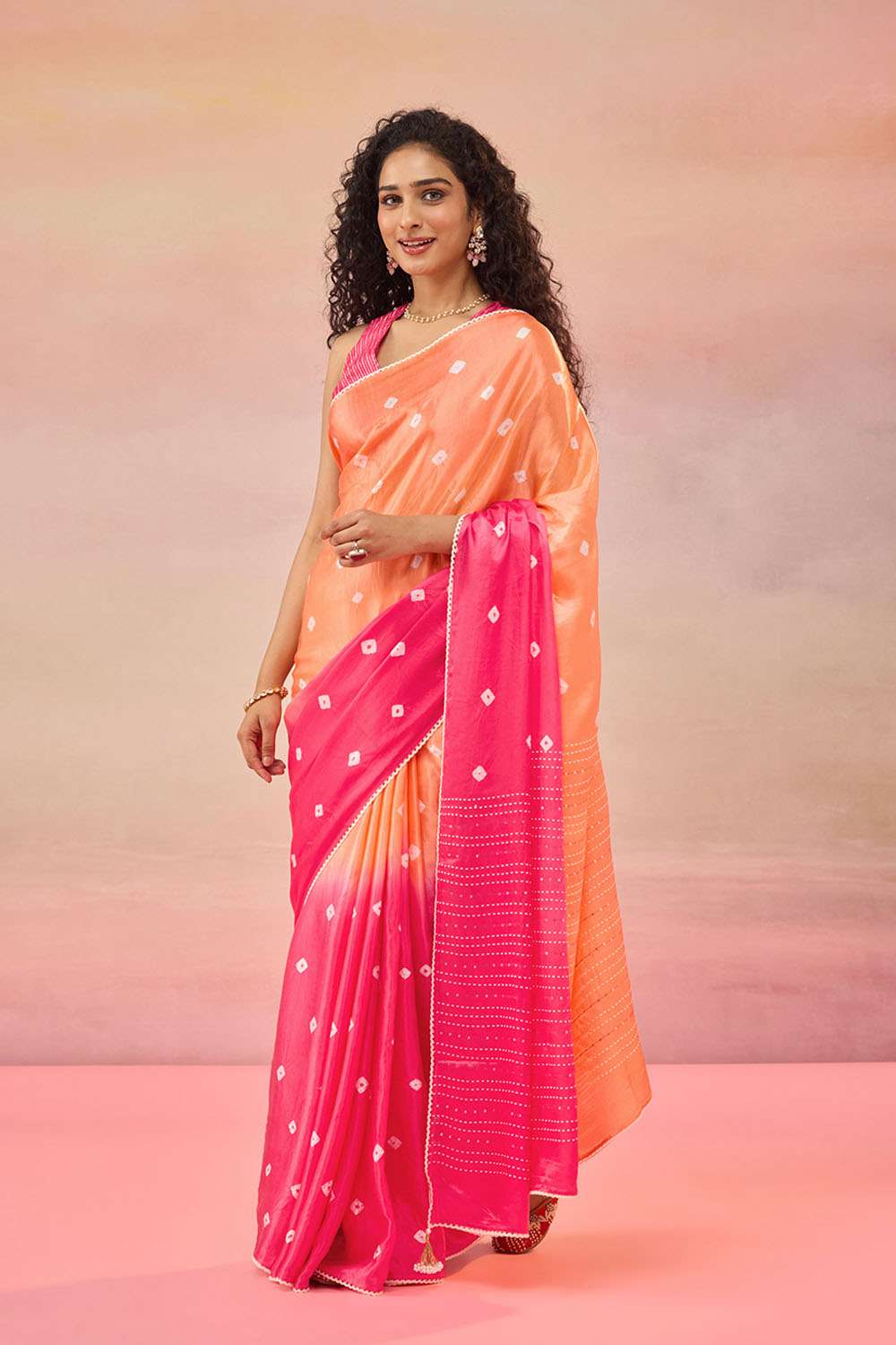 Pink Gujarat Pure Satin Tie & Dye Bandhni Saree image number null