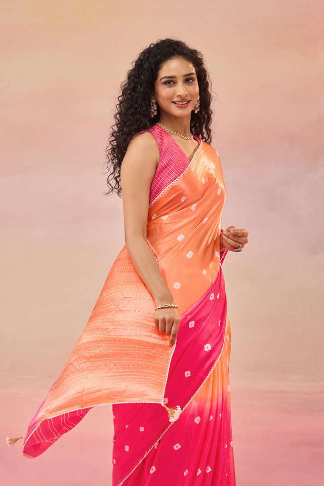 Pink Gujarat Pure Satin Tie & Dye Bandhni Saree thumbnail image number null
