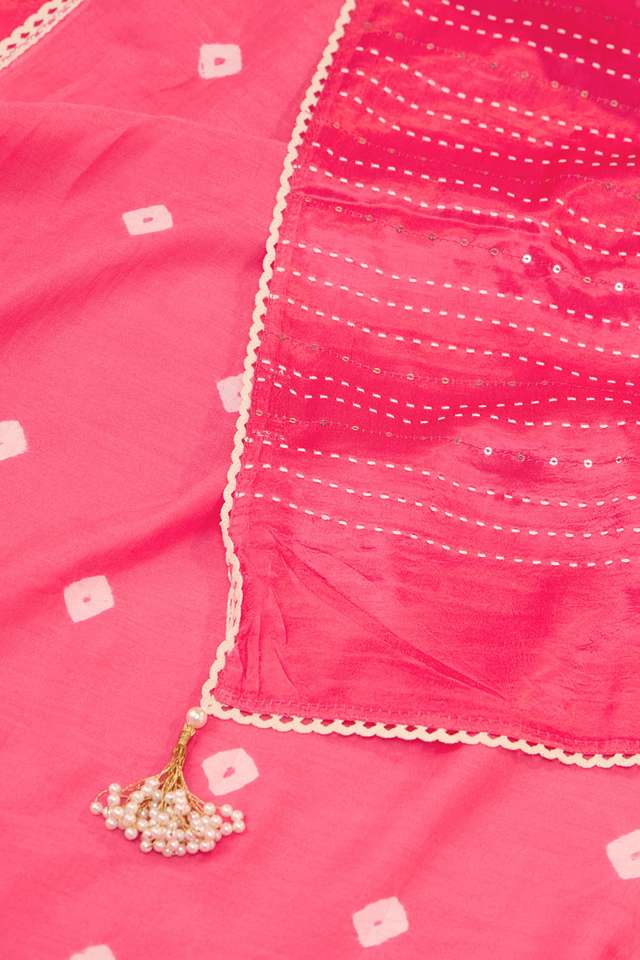 Pink Gujarat Pure Satin Tie & Dye Bandhni Saree thumbnail image number null