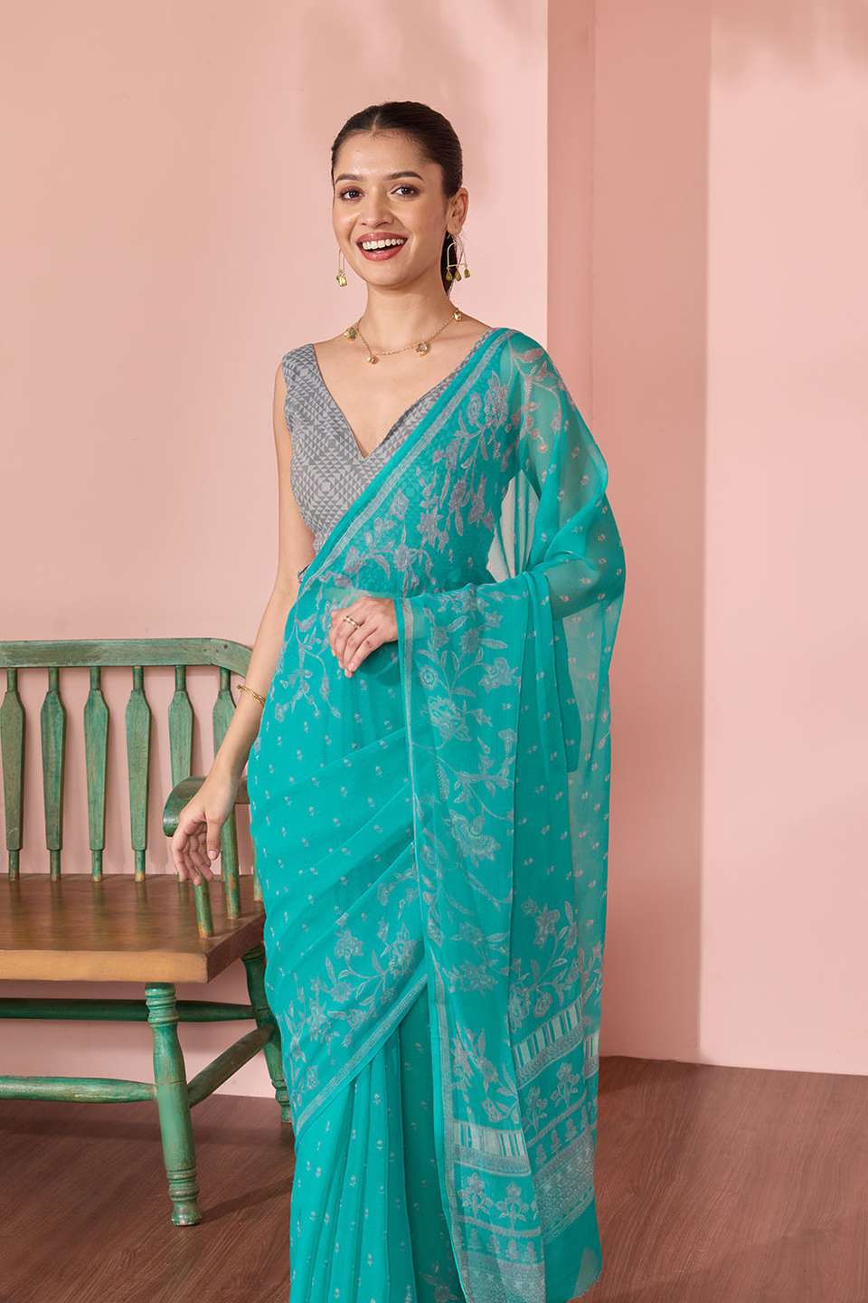 Light Blue Screen Printed Viscose Chiffon Saree