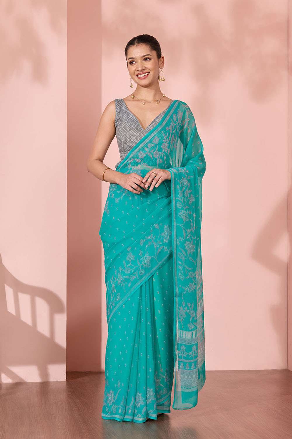 Light Blue Screen Printed Viscose Chiffon Saree image number null