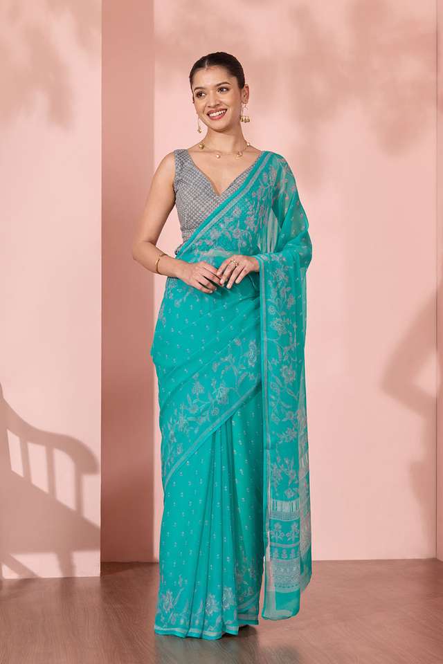 Light Blue Screen Printed Viscose Chiffon Saree thumbnail image number null