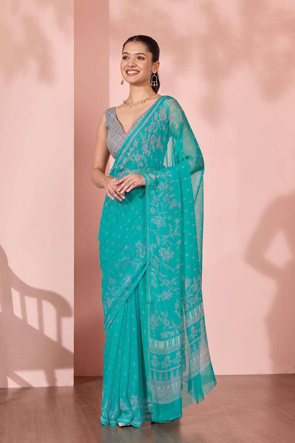 Light Blue Screen Printed Viscose Chiffon Saree image number null