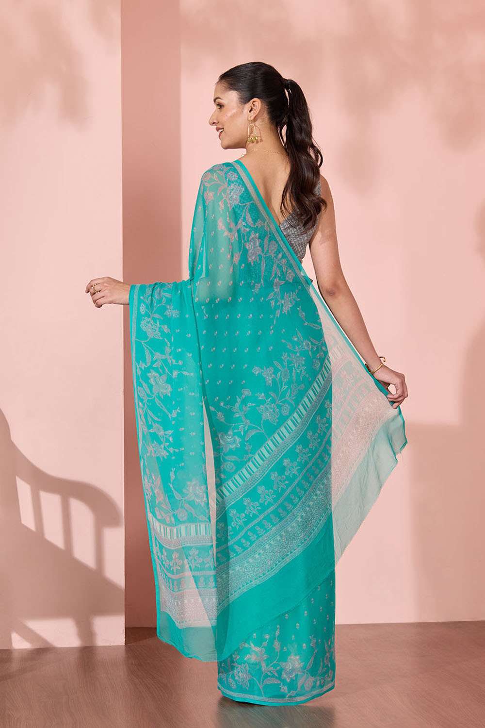 Light Blue Screen Printed Viscose Chiffon Saree image number null