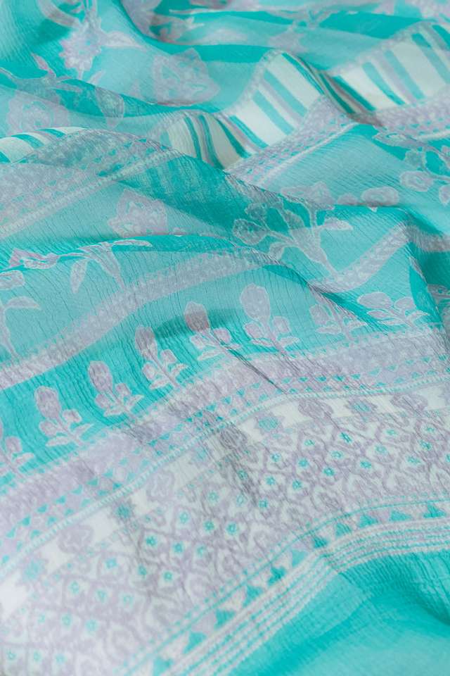 Light Blue Screen Printed Viscose Chiffon Saree thumbnail image number null
