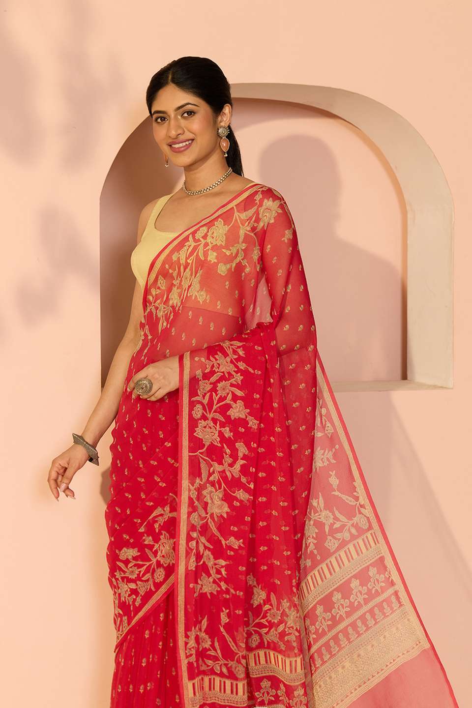 Red Screen Printed Viscose Chiffon Saree