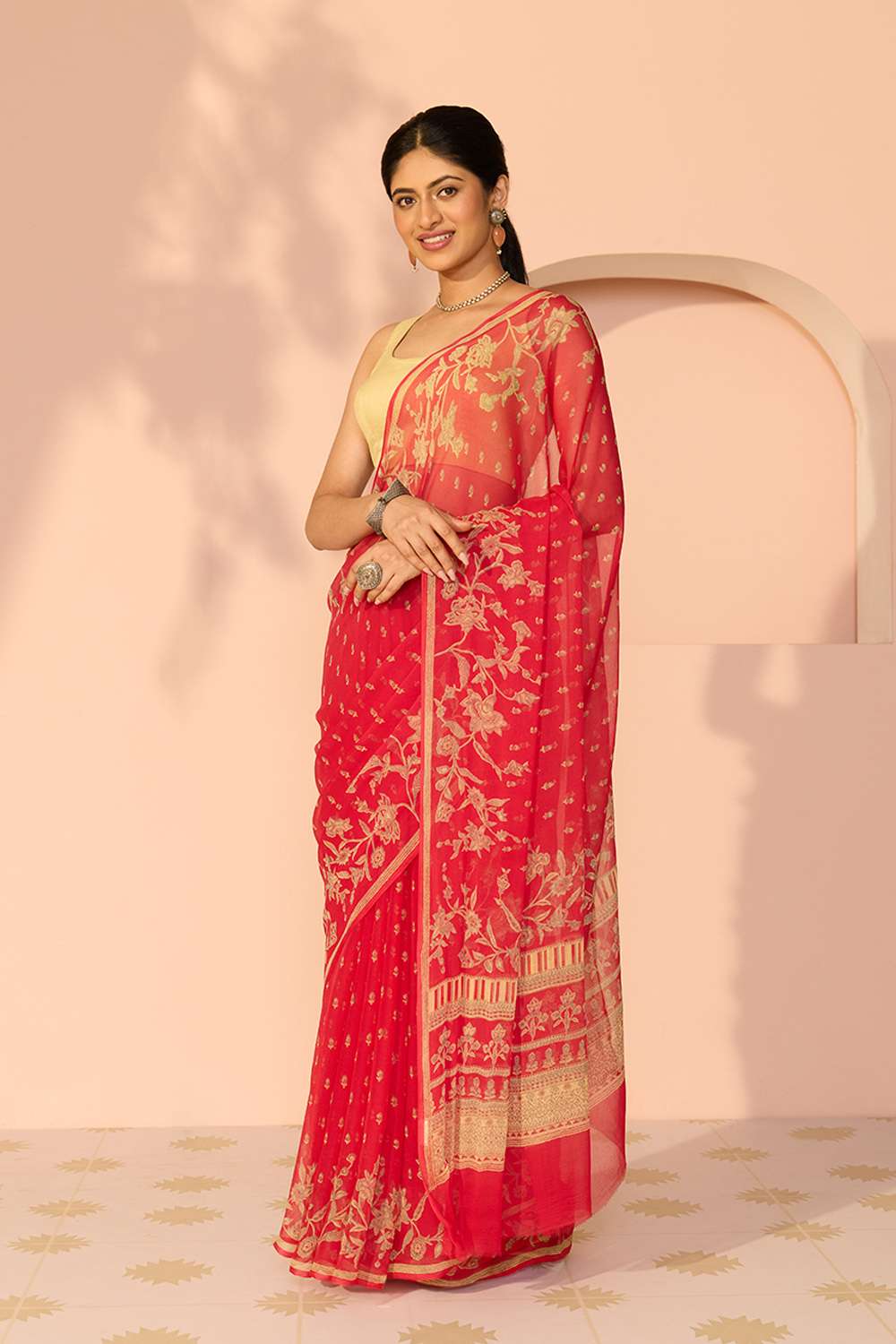 Red Screen Printed Viscose Chiffon Saree image number null