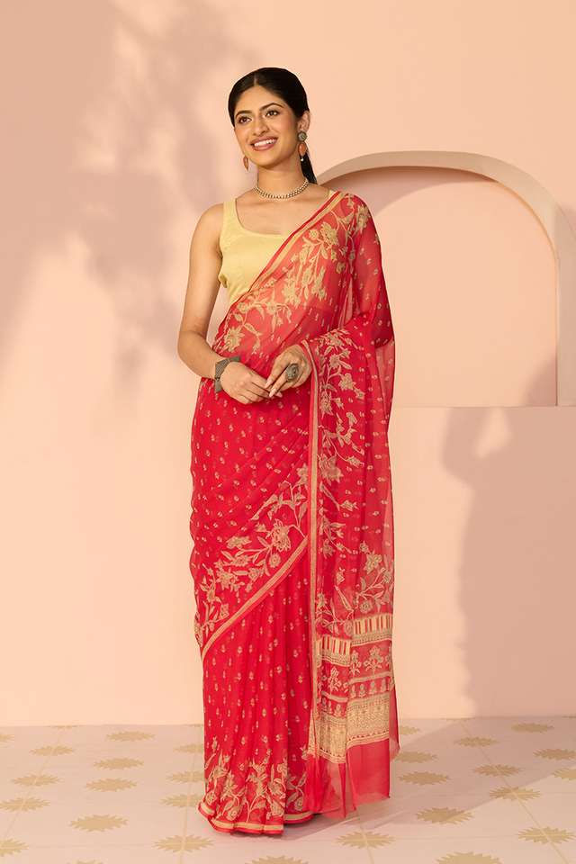 Red Screen Printed Viscose Chiffon Saree thumbnail image number null