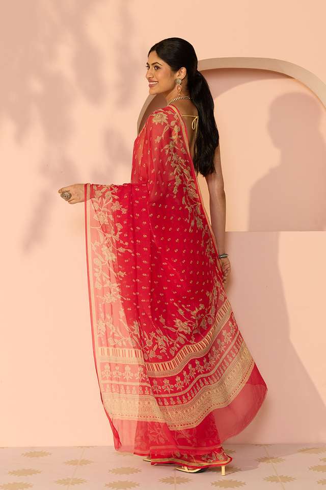 Red Screen Printed Viscose Chiffon Saree thumbnail image number null