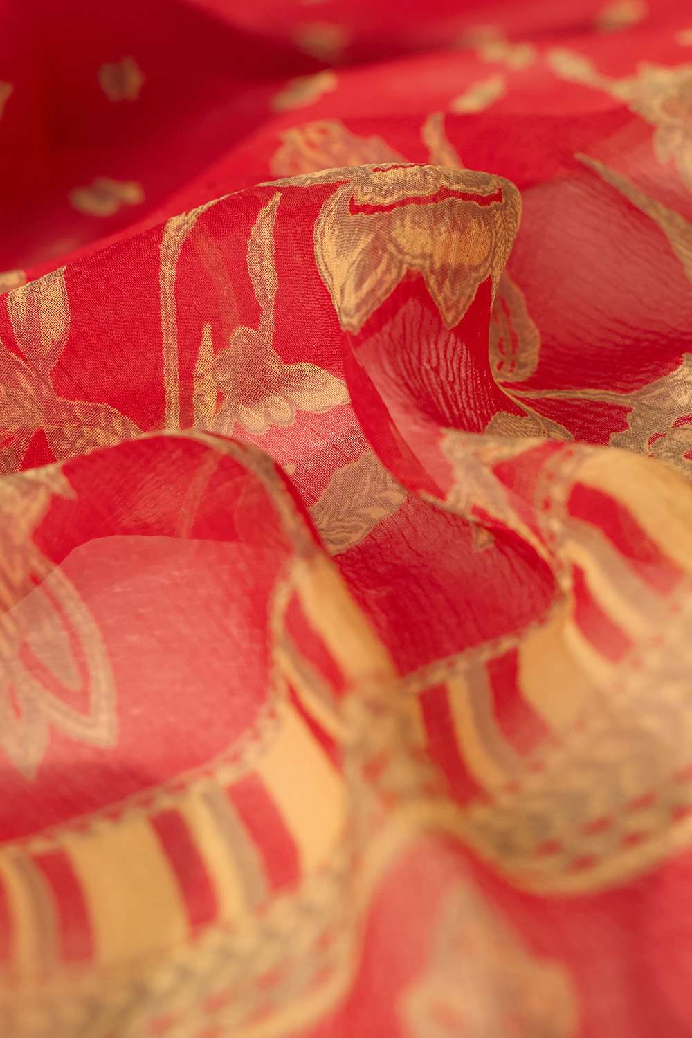 Red Screen Printed Viscose Chiffon Saree image number null