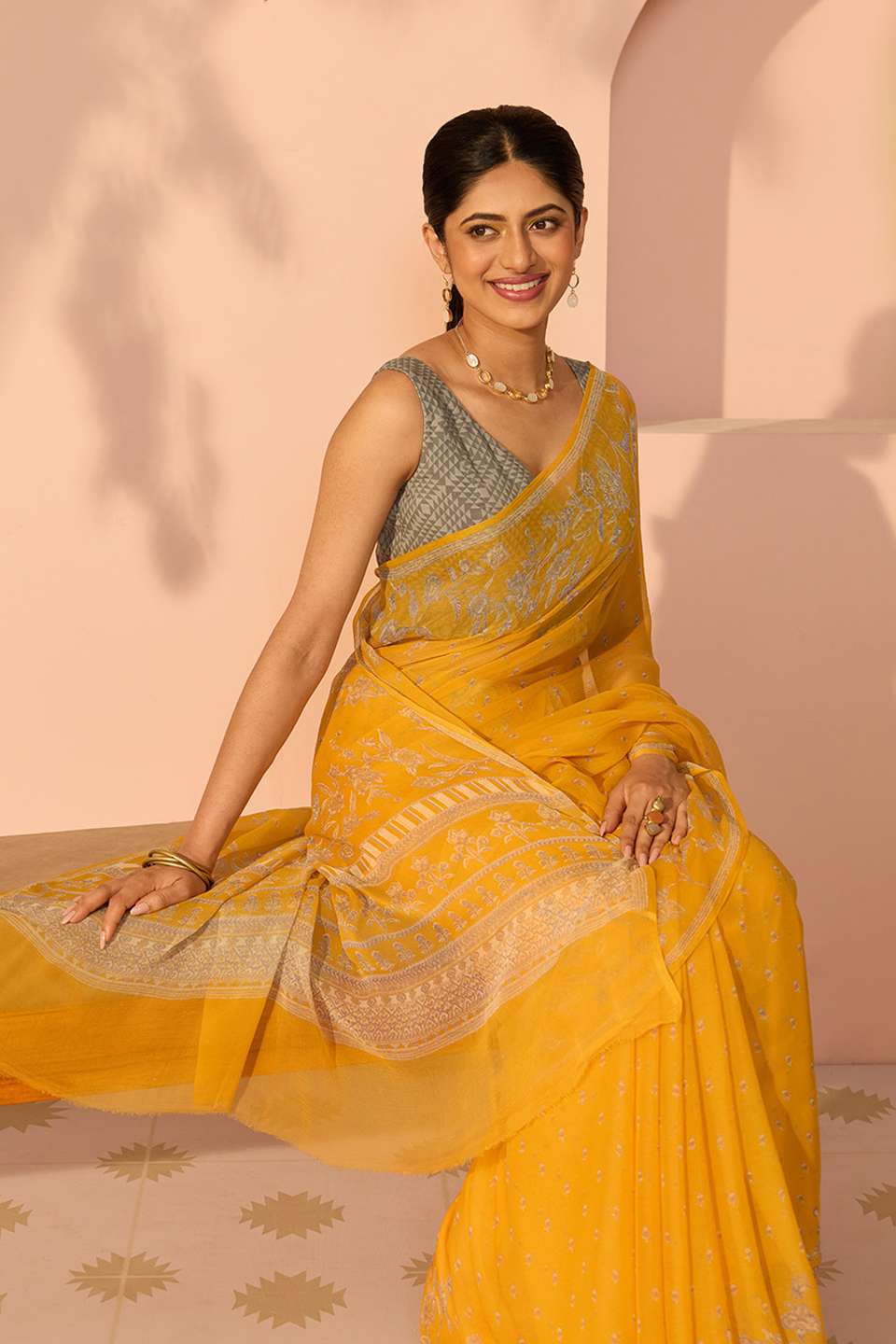 Yellow Screen Printed Viscose Chiffon Saree