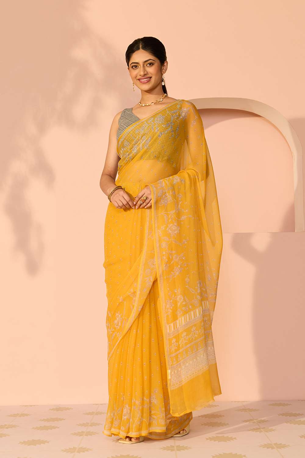 Yellow Screen Printed Viscose Chiffon Saree image number null
