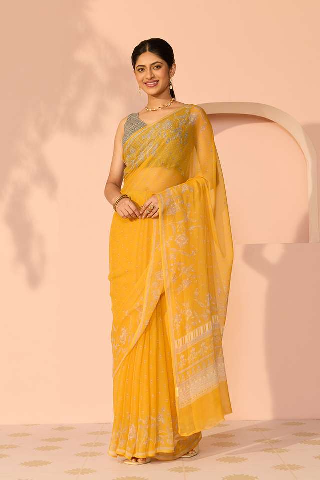 Yellow Screen Printed Viscose Chiffon Saree thumbnail image number null