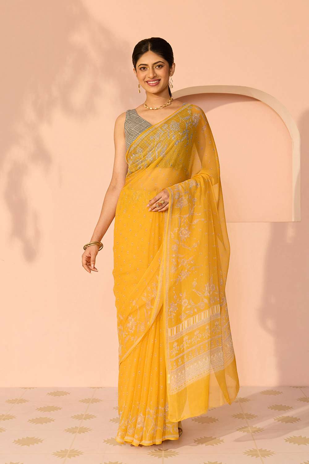 Yellow Screen Printed Viscose Chiffon Saree image number null