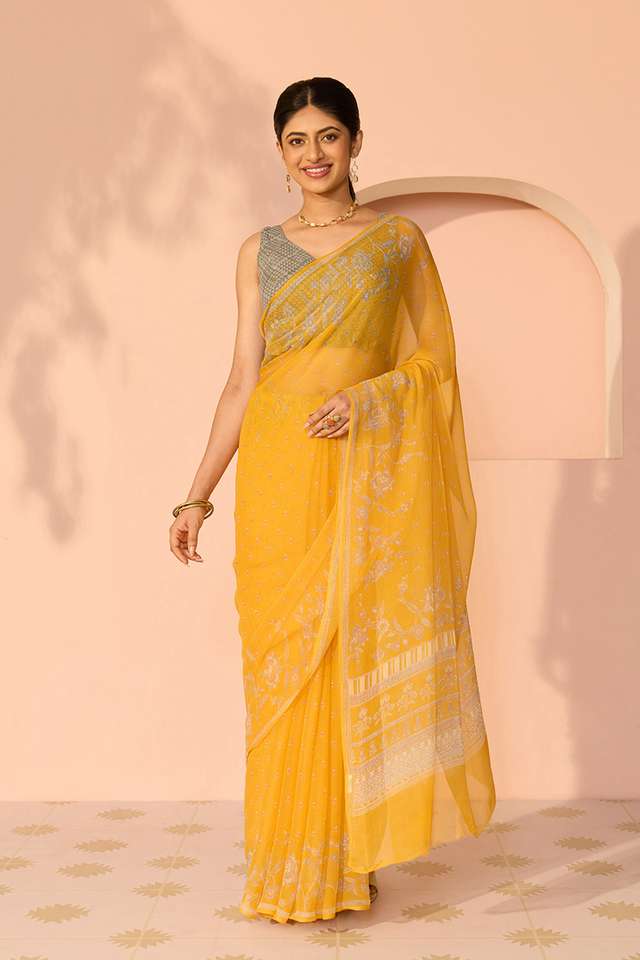 Yellow Screen Printed Viscose Chiffon Saree thumbnail image number null