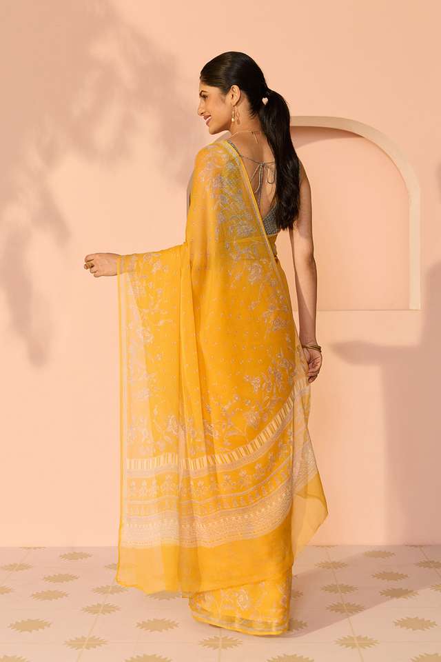 Yellow Screen Printed Viscose Chiffon Saree thumbnail image number null