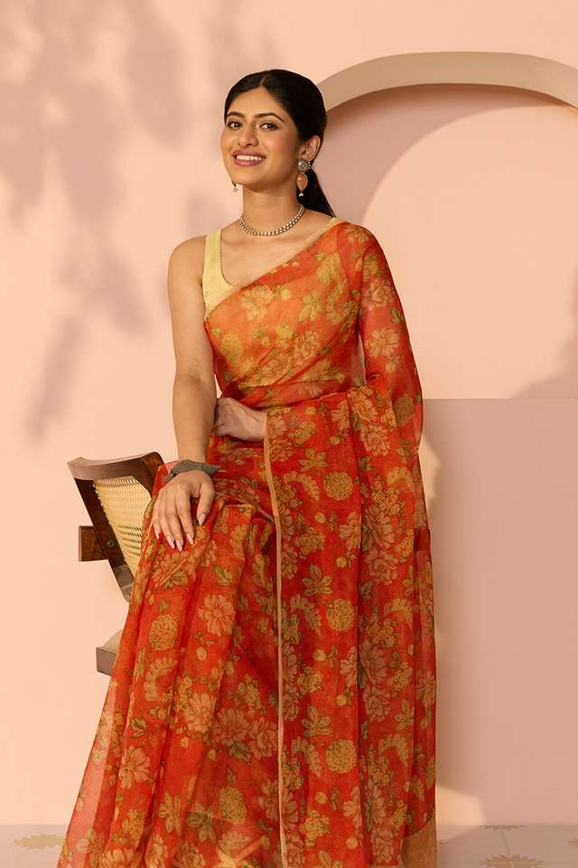 Orange Screen Printed Viscose Chiffon Saree image number