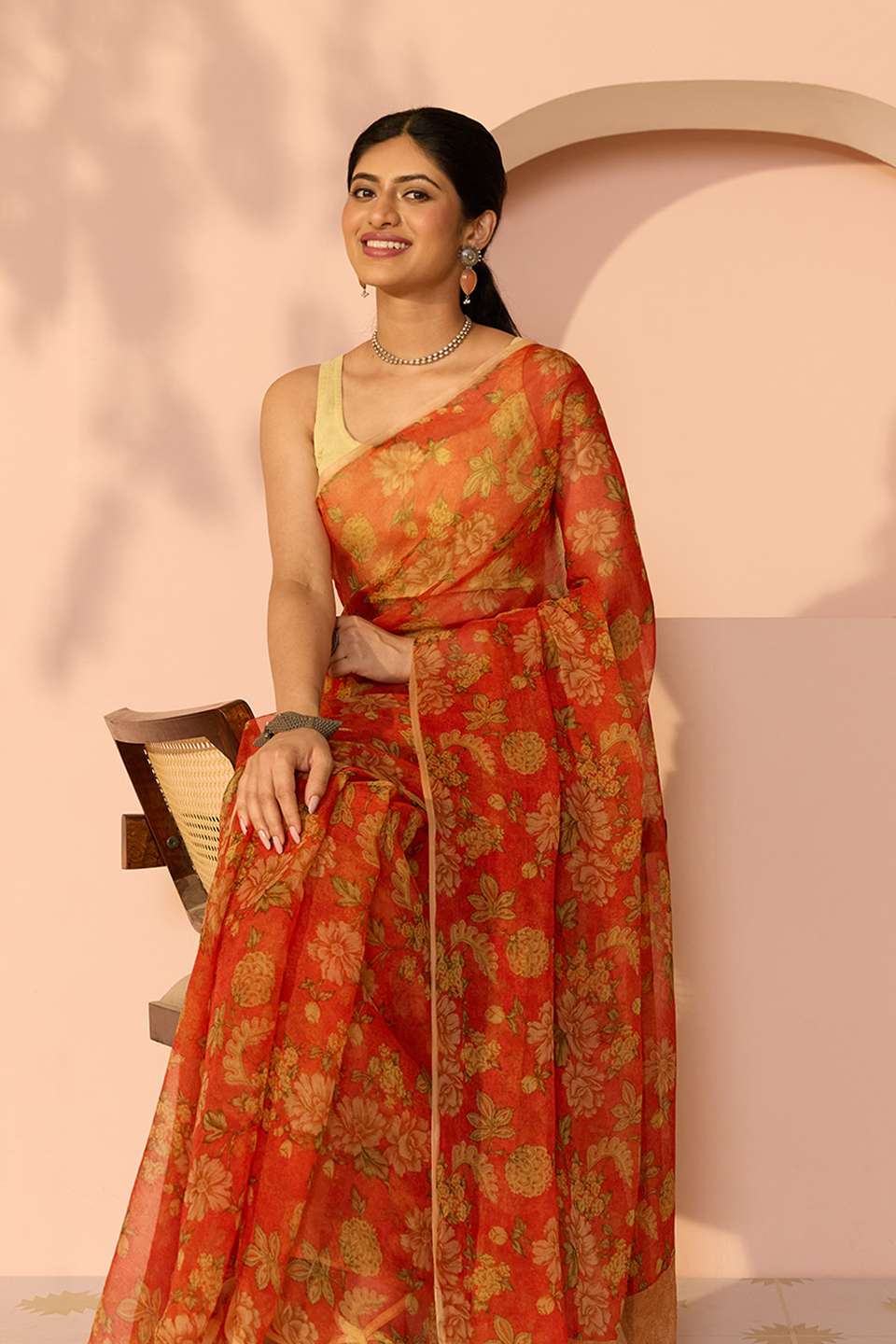 Orange Screen Printed Viscose Chiffon Saree