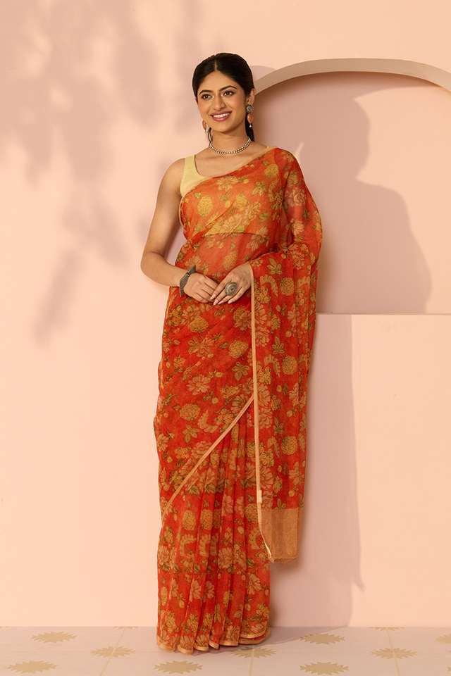 Orange Screen Printed Viscose Chiffon Saree thumbnail image number null