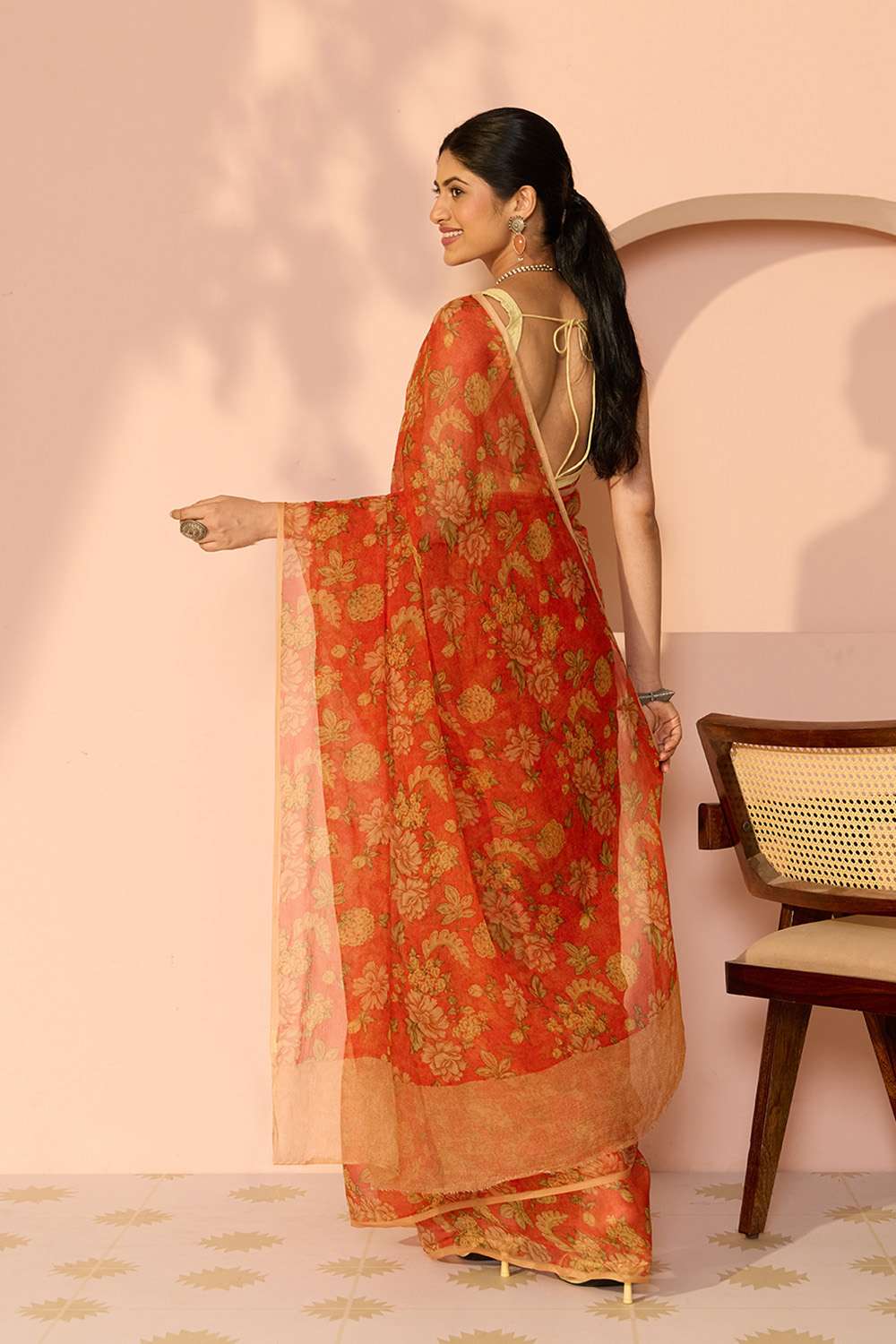 Orange Screen Printed Viscose Chiffon Saree image number null