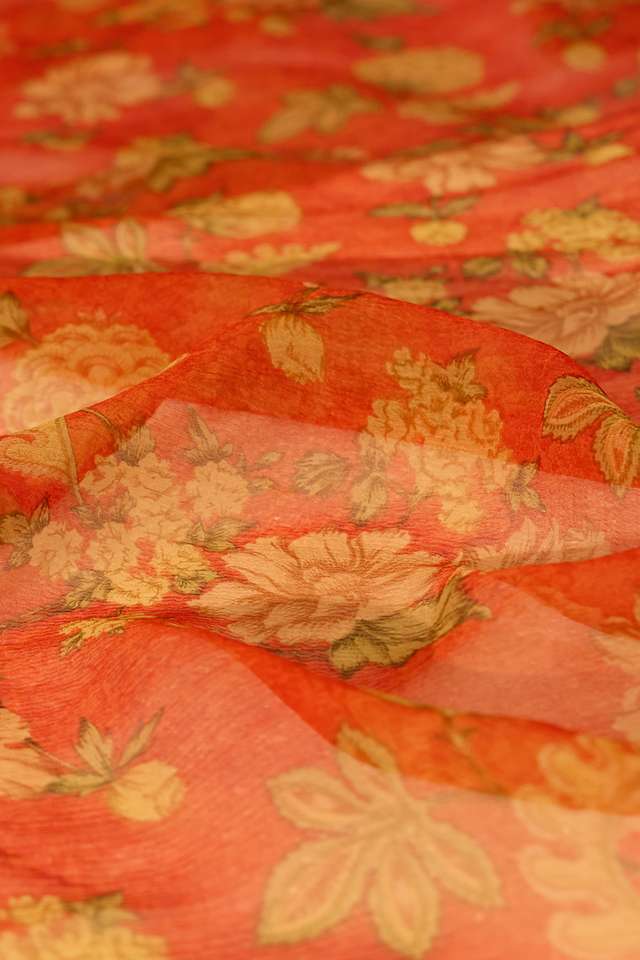 Orange Screen Printed Viscose Chiffon Saree thumbnail image number null