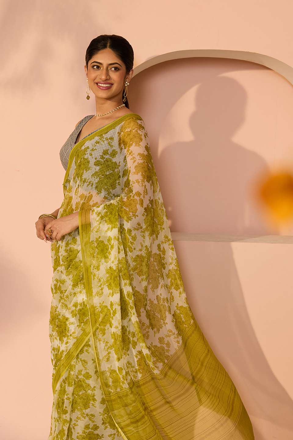 Green Screen Printed Viscose Chiffon Saree