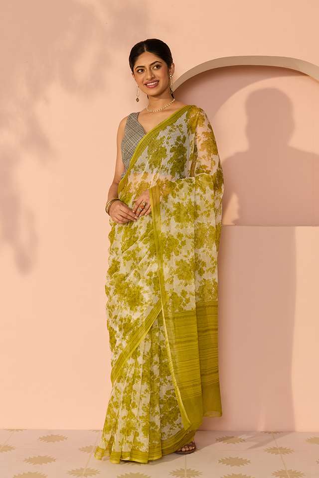 Green Screen Printed Viscose Chiffon Saree thumbnail image number null