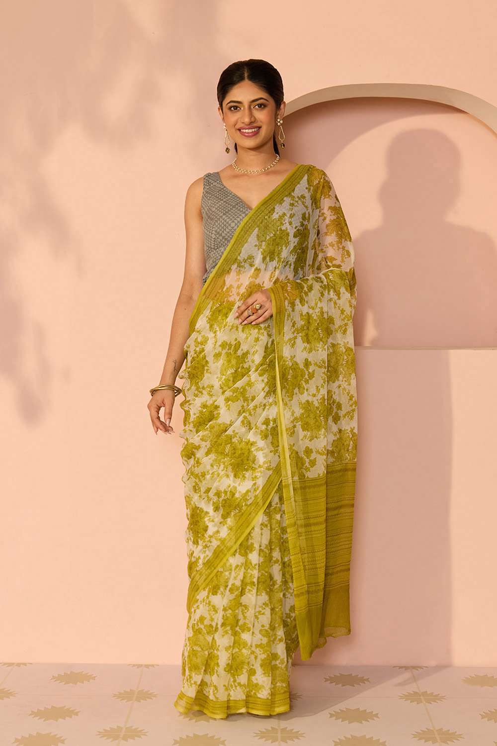Green Screen Printed Viscose Chiffon Saree image number null