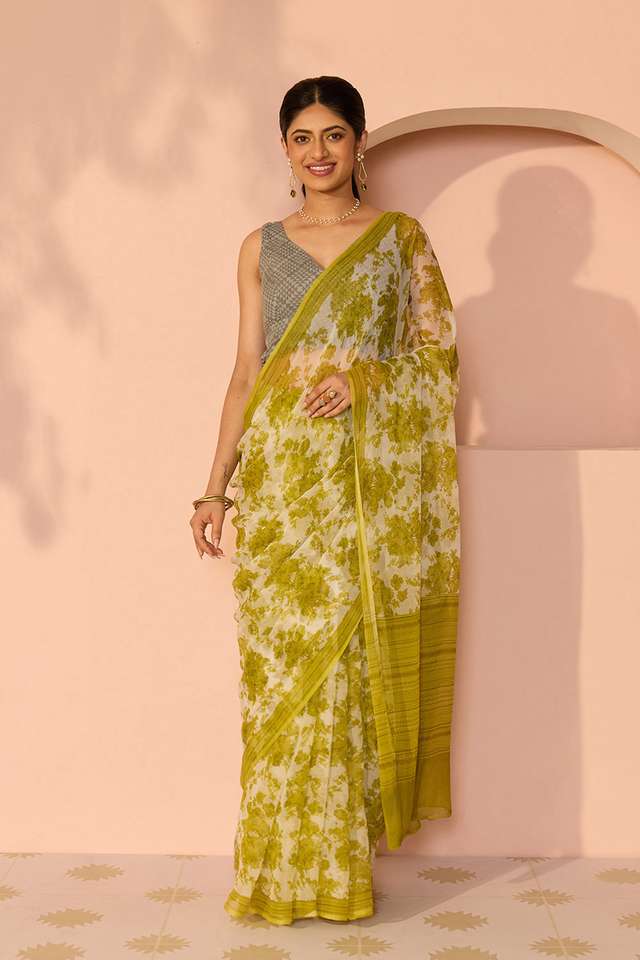 Green Screen Printed Viscose Chiffon Saree thumbnail image number null