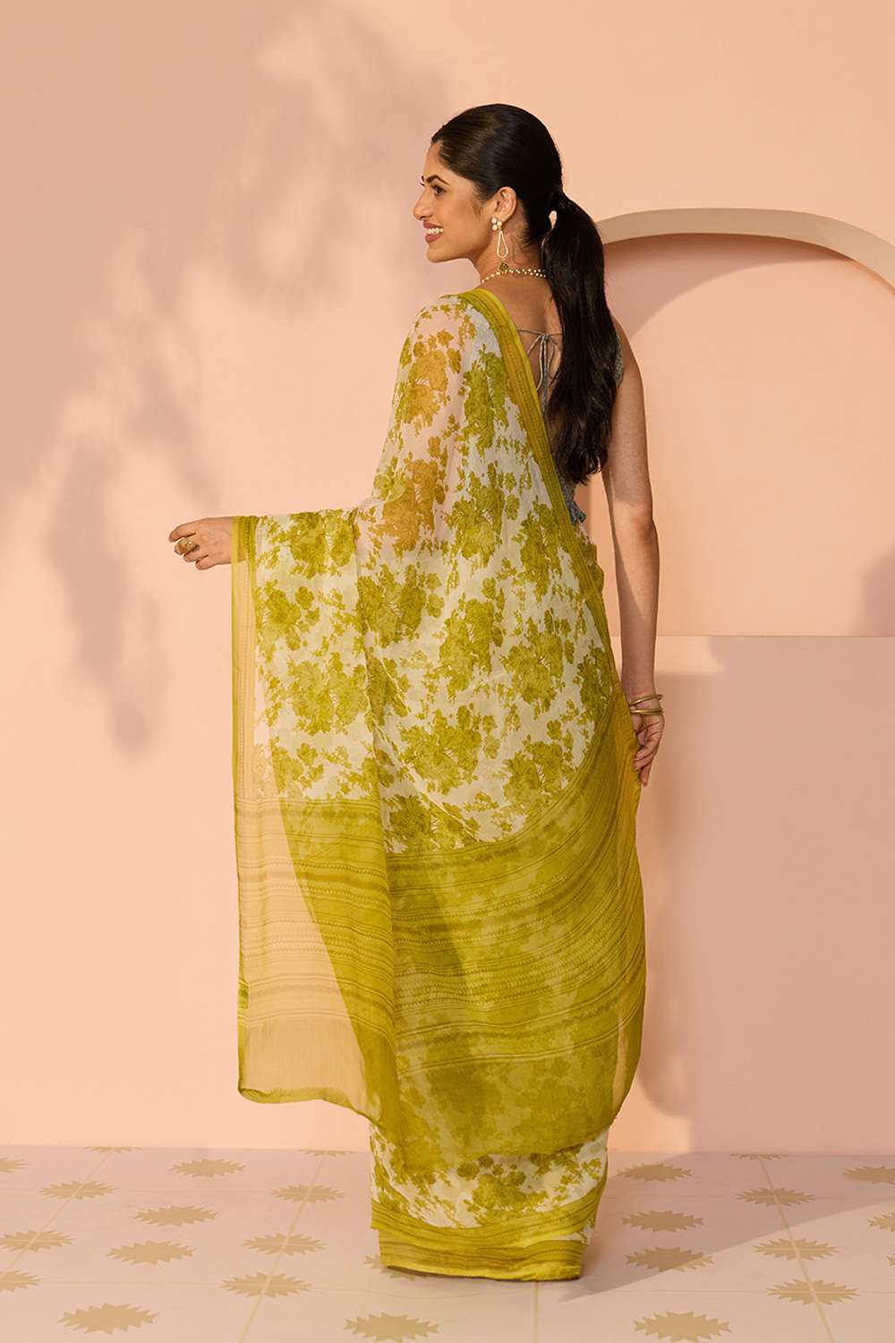 Green Screen Printed Viscose Chiffon Saree image number null