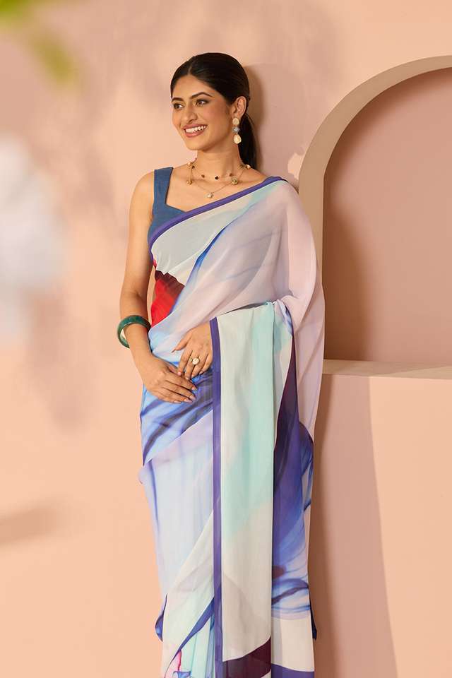 Multicoloured Printed Viscose Georgette Saree image number