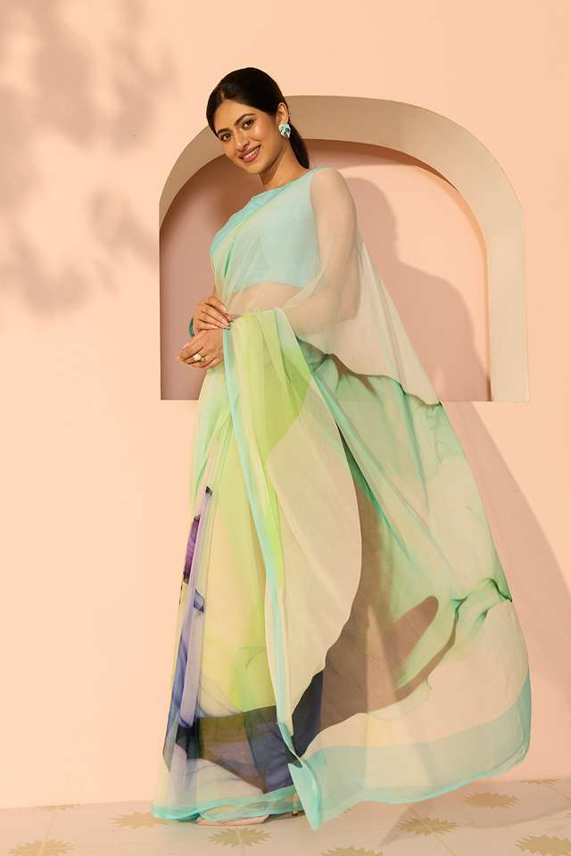 Green Printed Viscose Chiffon Saree image number