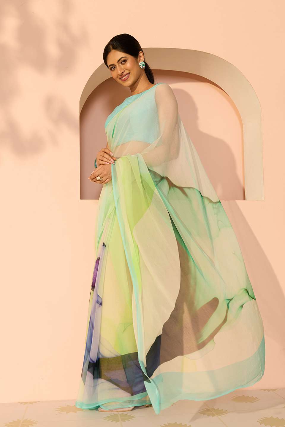 Green Printed Viscose Chiffon Saree