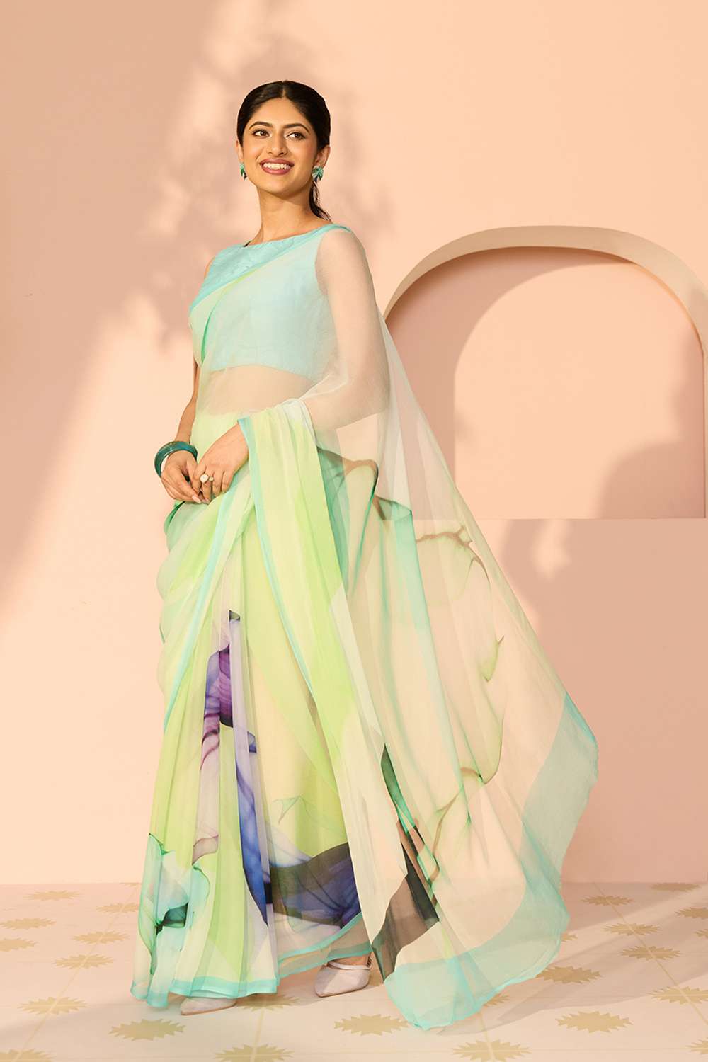 Green Printed Viscose Chiffon Saree image number null