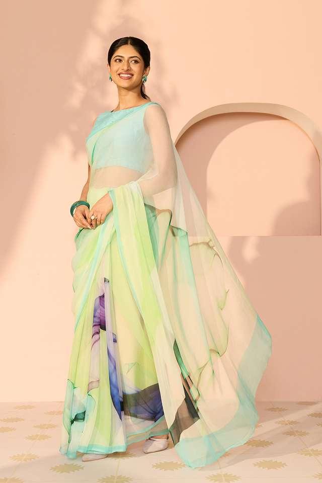 Green Printed Viscose Chiffon Saree thumbnail image number null