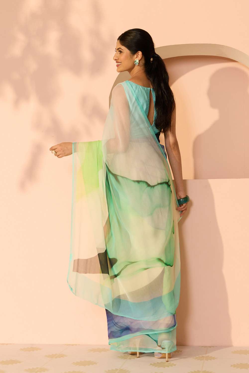 Green Printed Viscose Chiffon Saree image number null