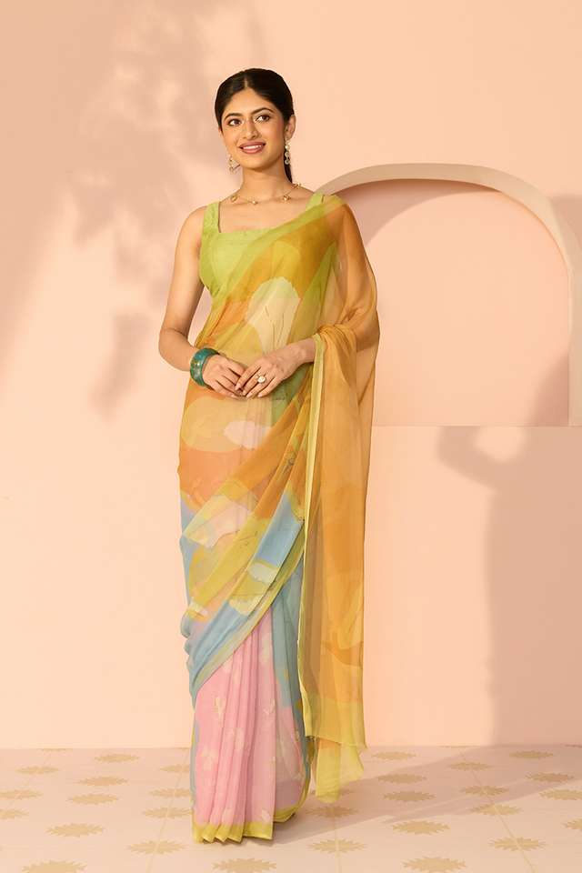 Multicoloured Printed Viscose Chiffon Saree thumbnail image number null
