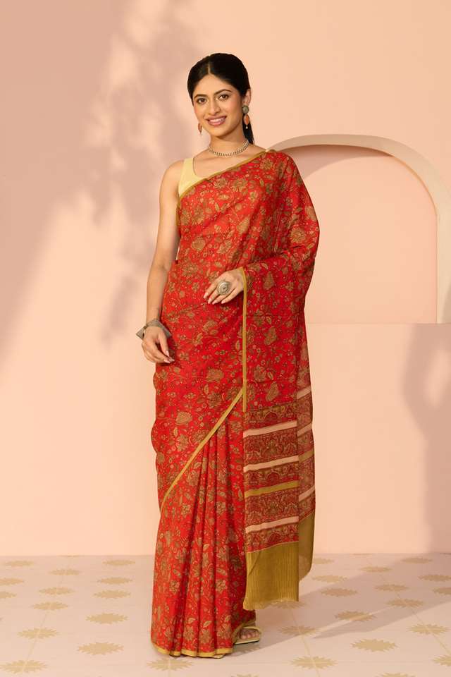 Red Screen Printed Viscose Crepe Saree thumbnail image number null