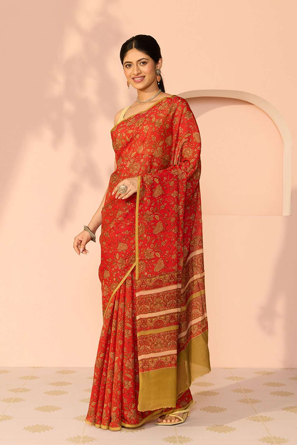 Red Screen Printed Viscose Crepe Saree image number null