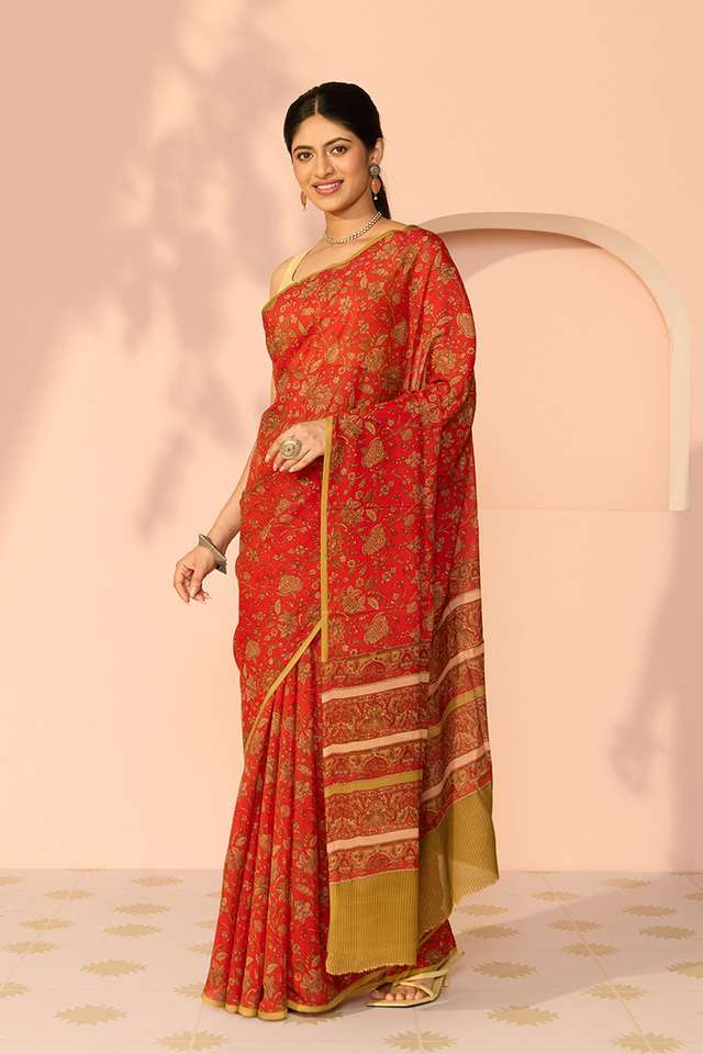 Red Screen Printed Viscose Crepe Saree thumbnail image number null