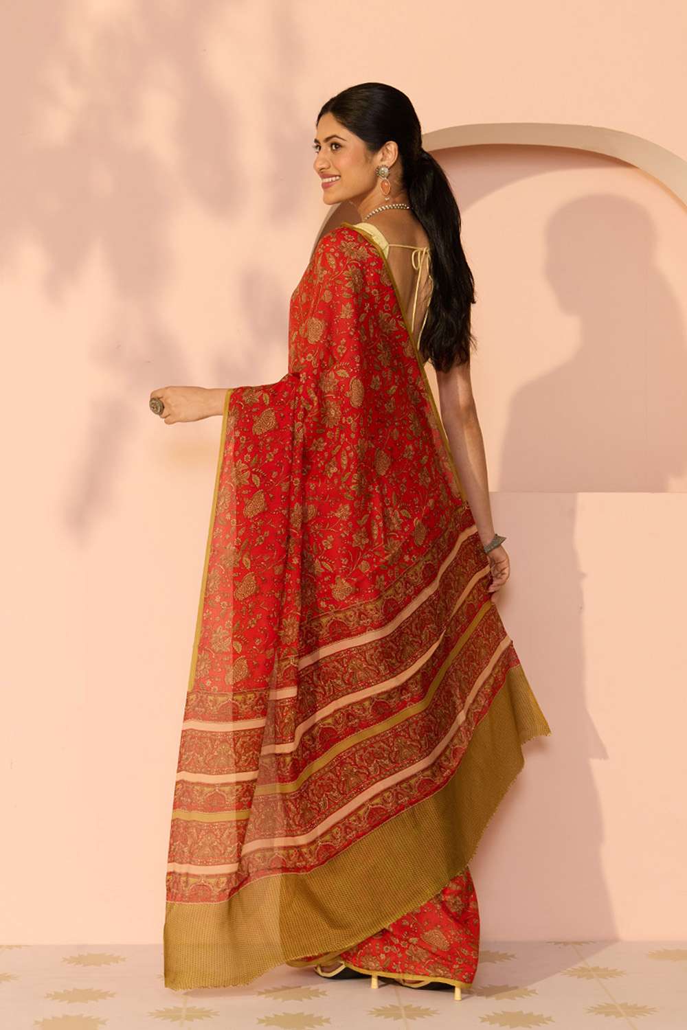 Red Screen Printed Viscose Crepe Saree image number null