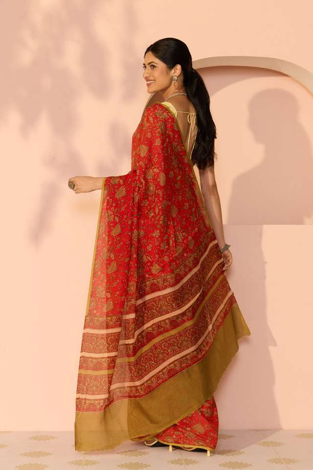 Red Screen Printed Viscose Crepe Saree thumbnail image number null