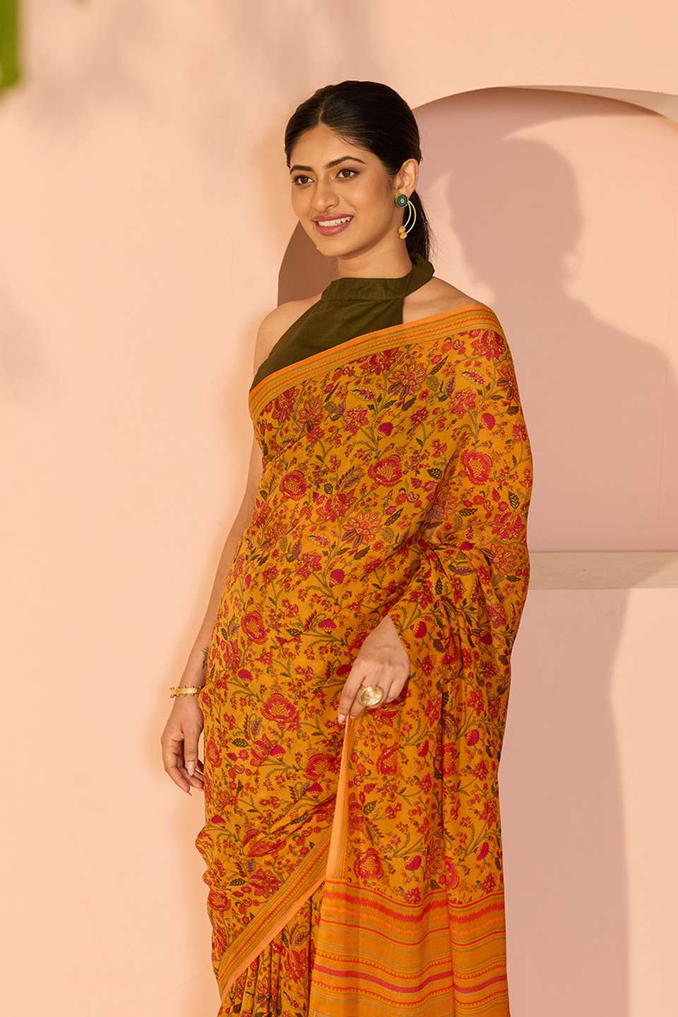 Orange Screen Printed Viscose Crepe Saree
