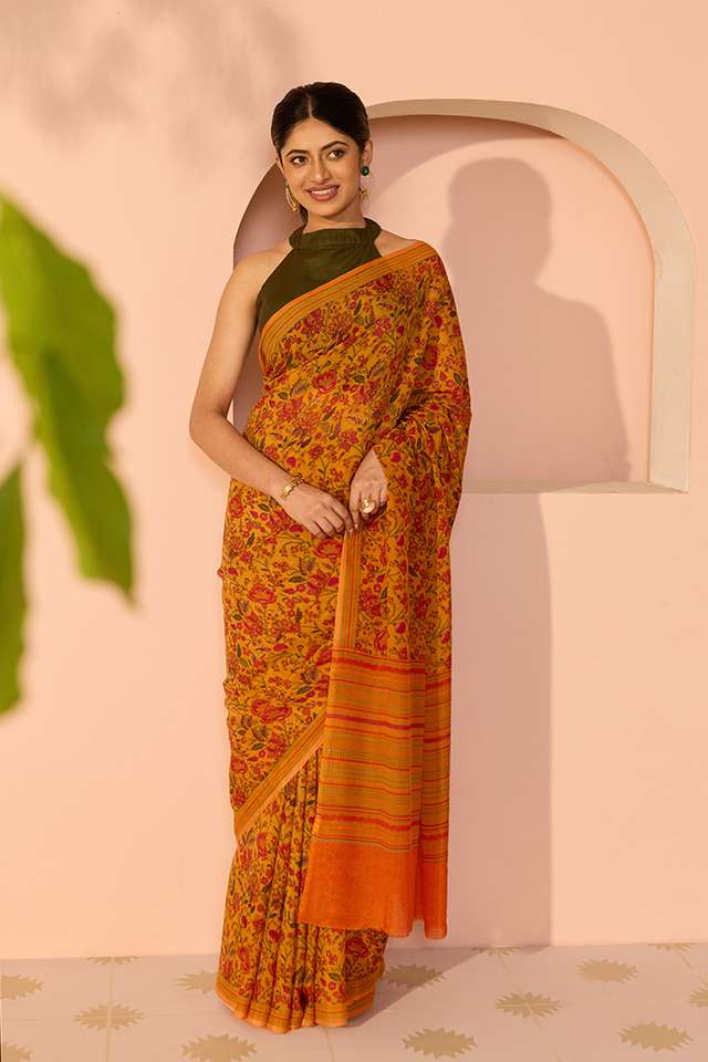 Orange Screen Printed Viscose Crepe Saree thumbnail image number null
