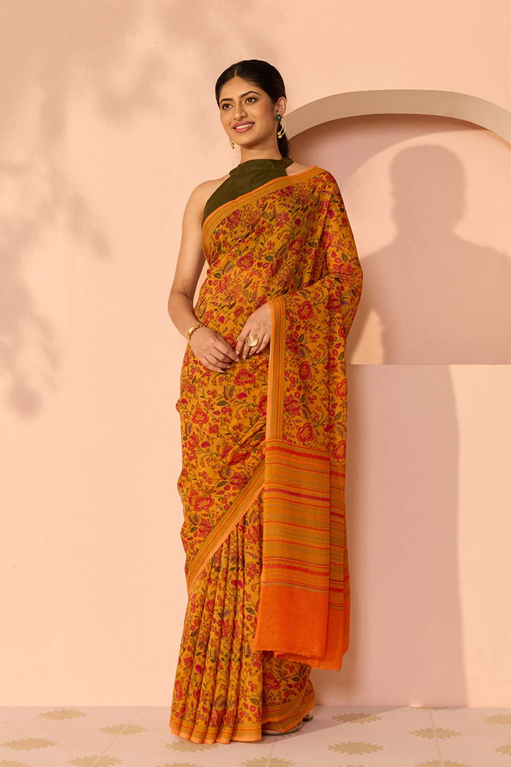 Orange Screen Printed Viscose Crepe Saree image number null