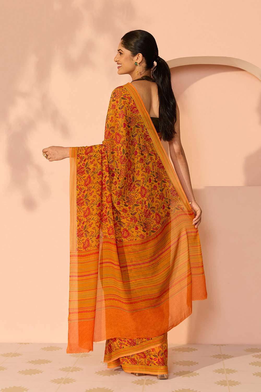 Orange Screen Printed Viscose Crepe Saree image number null