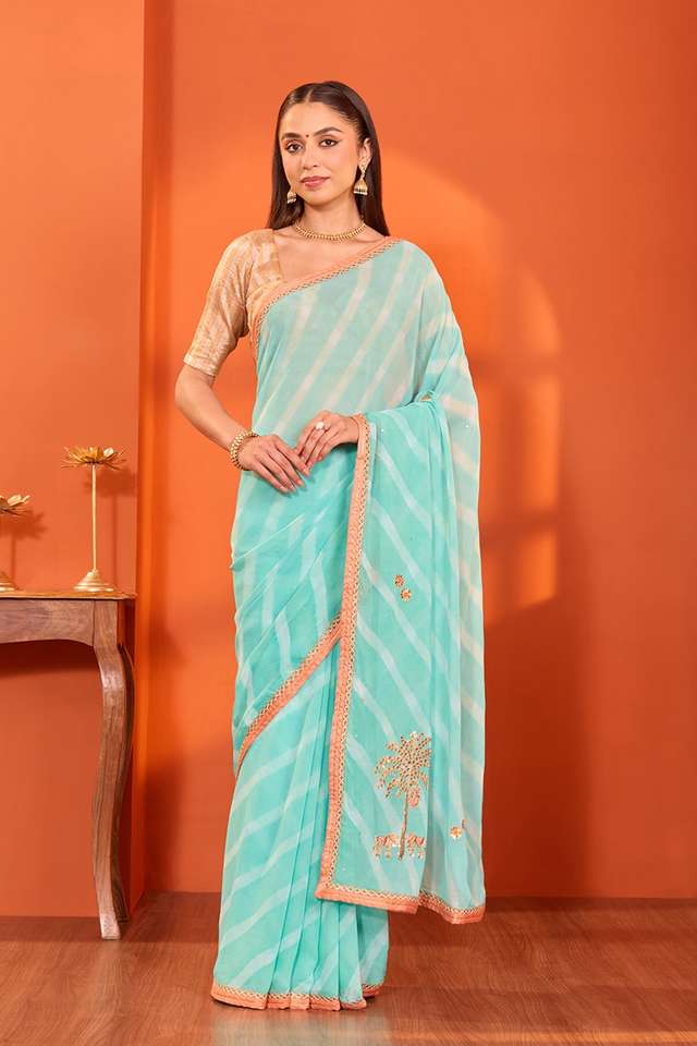 Blue Rajasthan Embroidered Viscose Georgette Saree thumbnail image number null