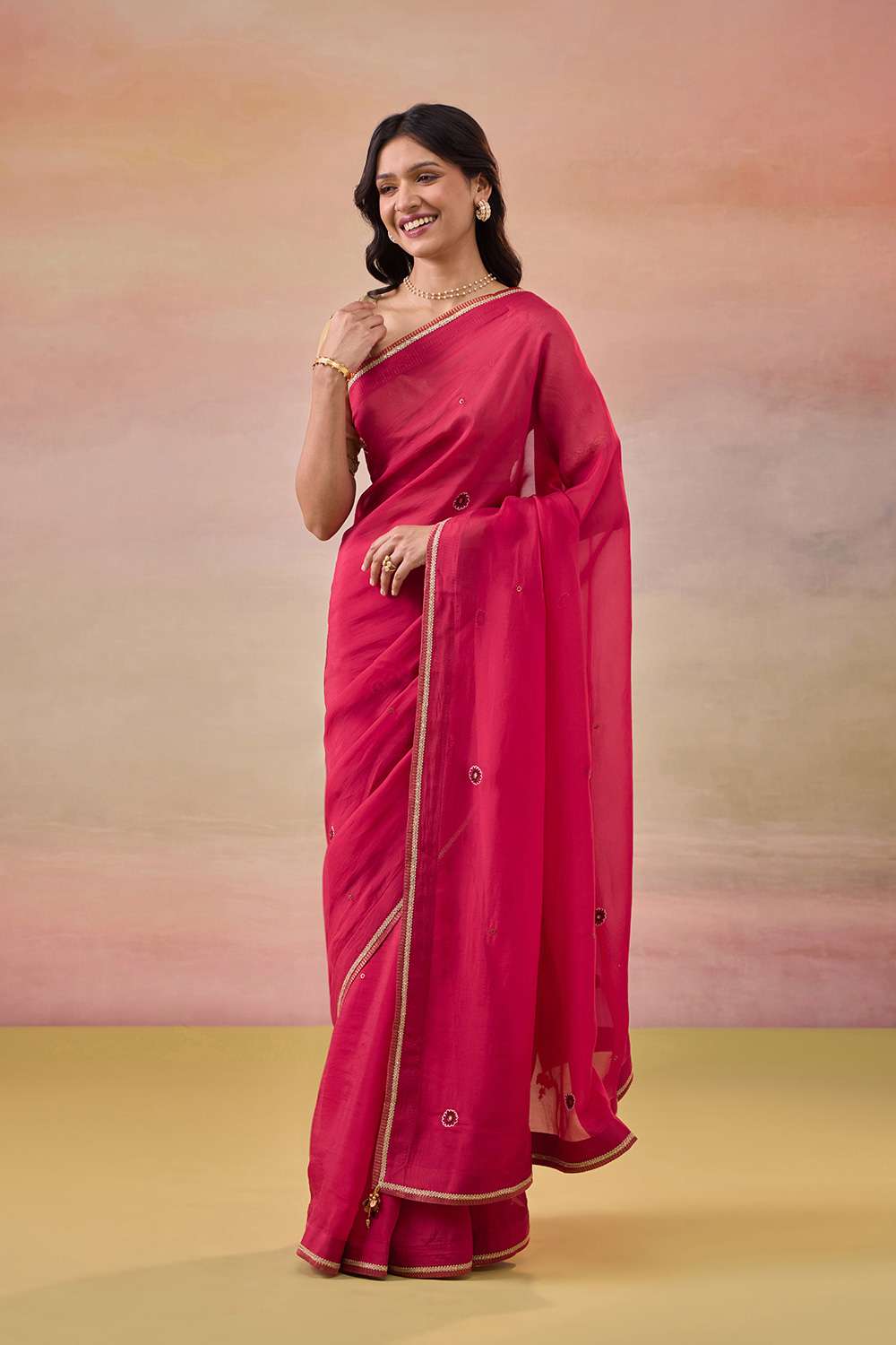 Red Viscose Organza Embroidered Saree image number null